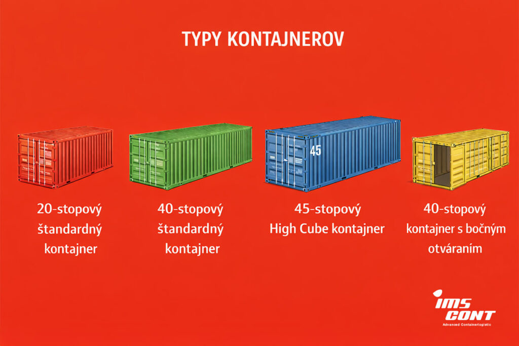 Prehľad typov kontajnerov, ktoré ponúkame v IMS cont. 20 ft, 40 ft, 45 ft.