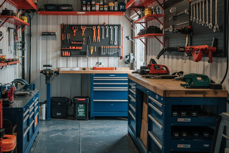 Interiér dielne v lodnom kontajneri s pracovným stolom a náradím.